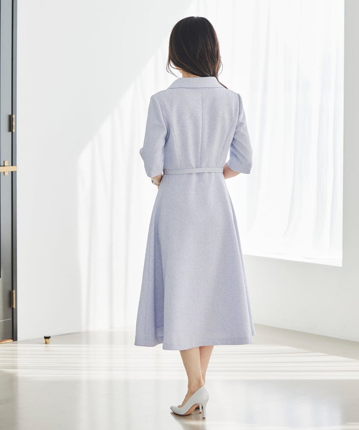 ツイードライク クラシカル ワンピース サマーツイード ダブルボタン 襟付き ベルト付き 裏地付き フレア 春 秋 入学式 食事会 ピンク ラベンダー