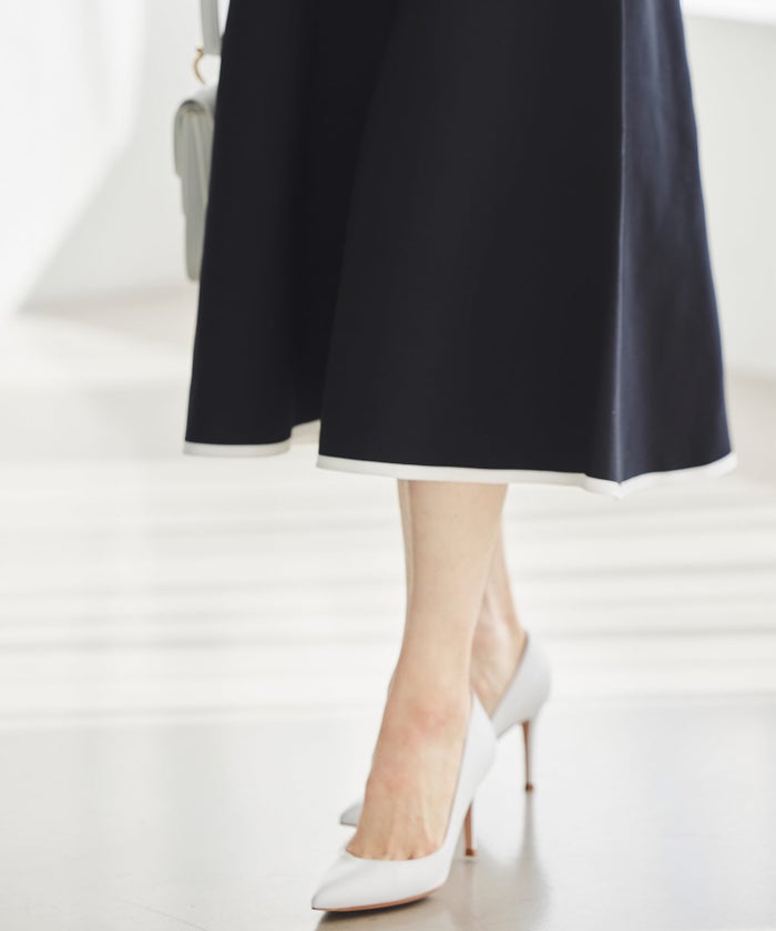 ホールガーメント バイカラー ニットワンピース ボートネック 五分袖 フレア ウエストシェイプ きれいめ 上品 体型カバー セットアップ風 カーディガン合わせ デニムジャケット 大人カジュアル 黒