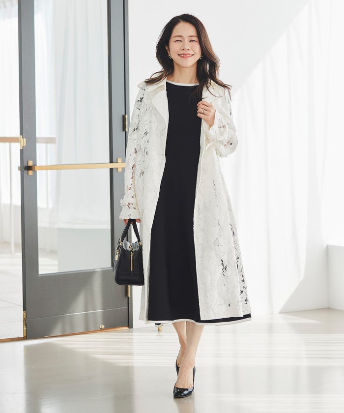 ホールガーメント バイカラー ニットワンピース ボートネック 五分袖 フレア ウエストシェイプ きれいめ 上品 体型カバー セットアップ風 カーディガン合わせ デニムジャケット 大人カジュアル 黒