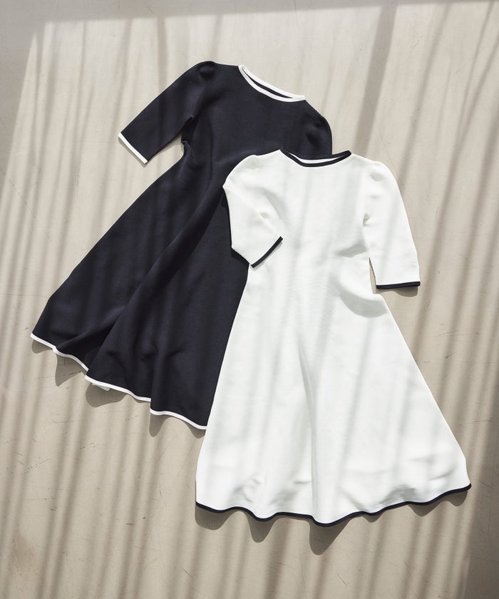 ホールガーメント バイカラー ニットワンピース ボートネック 五分袖 フレア ウエストシェイプ きれいめ 上品 体型カバー セットアップ風 カーディガン合わせ デニムジャケット 大人カジュアル 白 黒