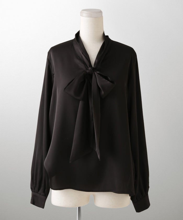 サテン ボウタイ ブラウス レディース ファッション M ホワイト ピンクベージュ ブラック