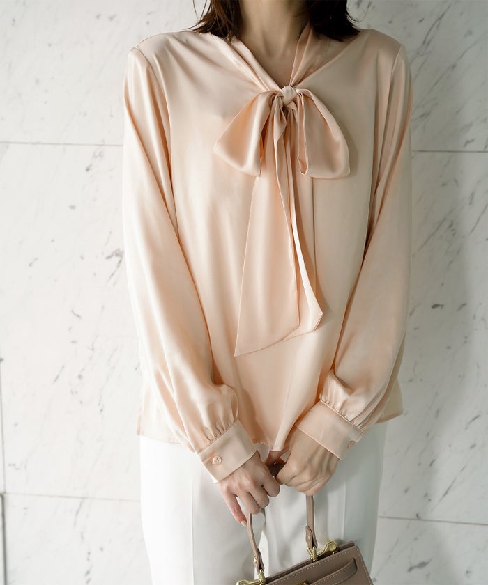 サテン ボウタイ ブラウス レディース ファッション M ホワイト ピンクベージュ ブラック