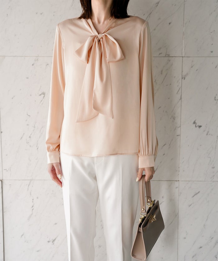 サテン ボウタイ ブラウス レディース ファッション M ホワイト ピンクベージュ ブラック