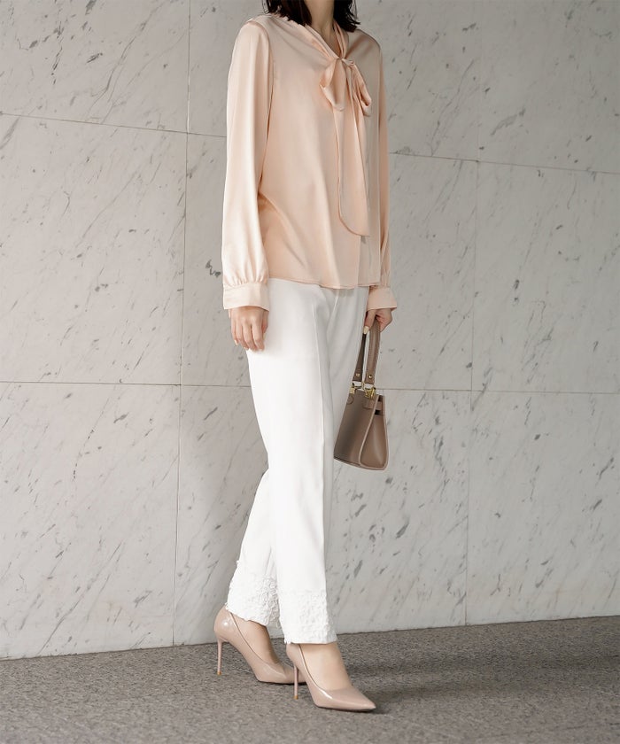 サテン ボウタイ ブラウス レディース ファッション M ホワイト ピンクベージュ ブラック