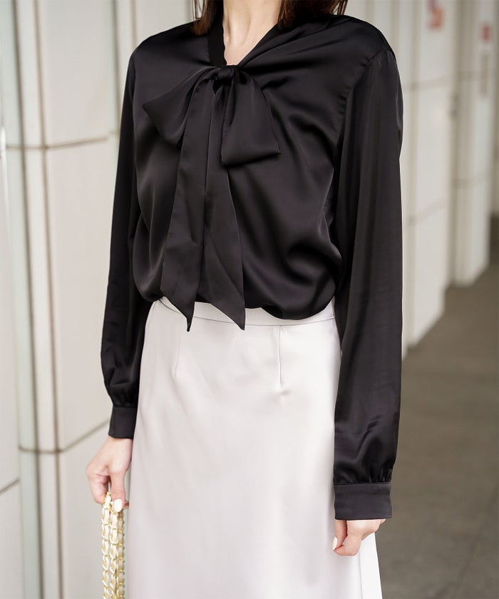 サテン ボウタイ ブラウス レディース ファッション M ホワイト ピンクベージュ ブラック