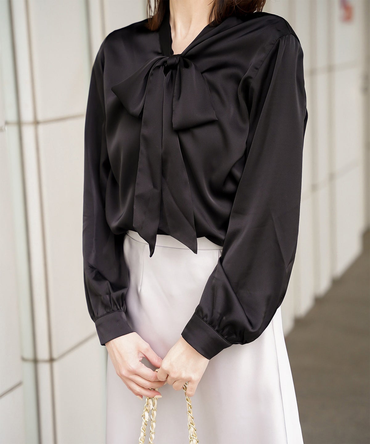 サテン ボウタイ ブラウス レディース ファッション M ホワイト ピンクベージュ ブラック