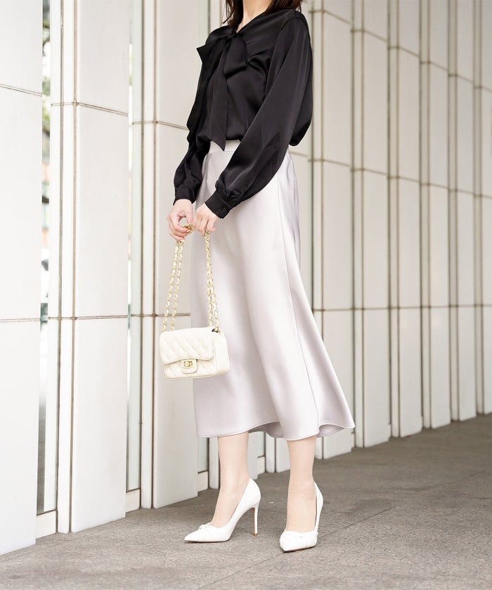 サテン ボウタイ ブラウス レディース ファッション M ホワイト ピンクベージュ ブラック