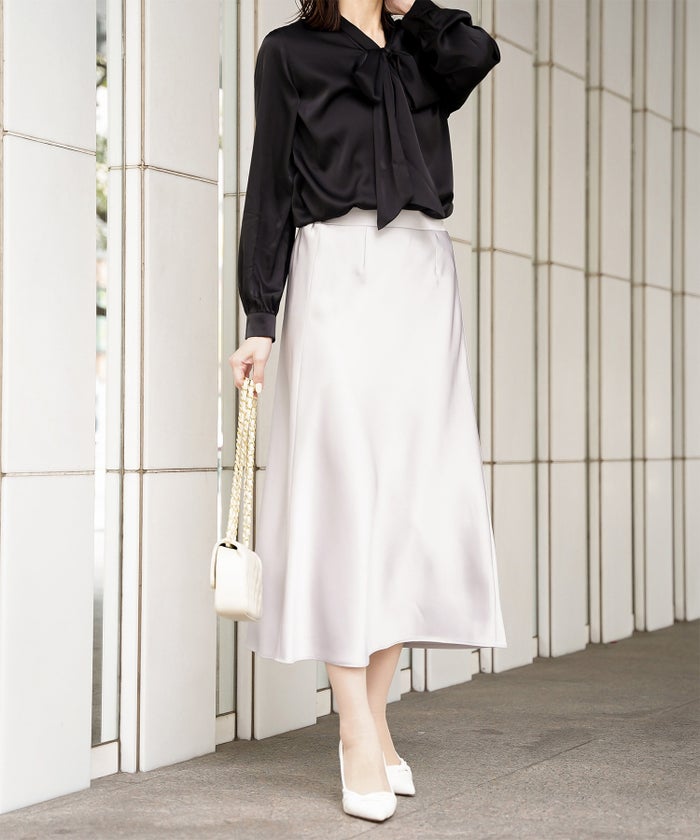 サテン ボウタイ ブラウス レディース ファッション M ホワイト ピンクベージュ ブラック