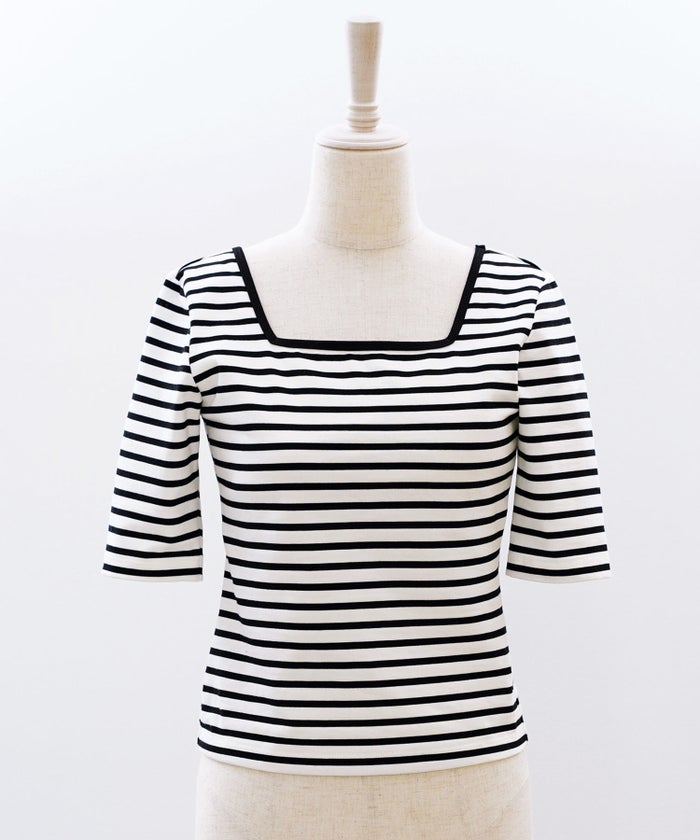 UVカット スクエアネック カットソー 接触冷感 透湿 綿100 半袖 ホワイト ブラック ボーダー 通勤 きれいめ 涼しい 春 夏 UVカット スクエアネック トップス ＆BLOOM（アンドブルーム）