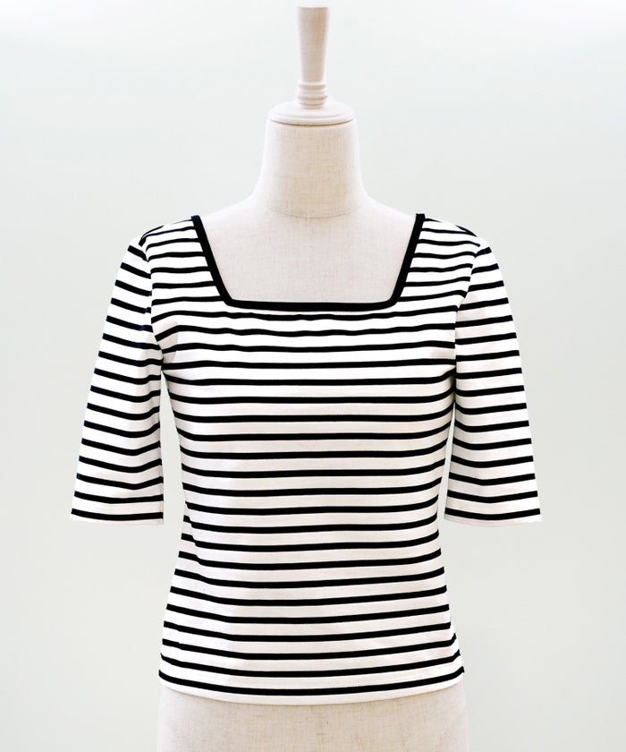 UVカット スクエアネック カットソー 接触冷感 透湿 綿100 半袖 ホワイト ブラック ボーダー 通勤 きれいめ 涼しい 春 夏 UVカット スクエアネック トップス ＆BLOOM（アンドブルーム）