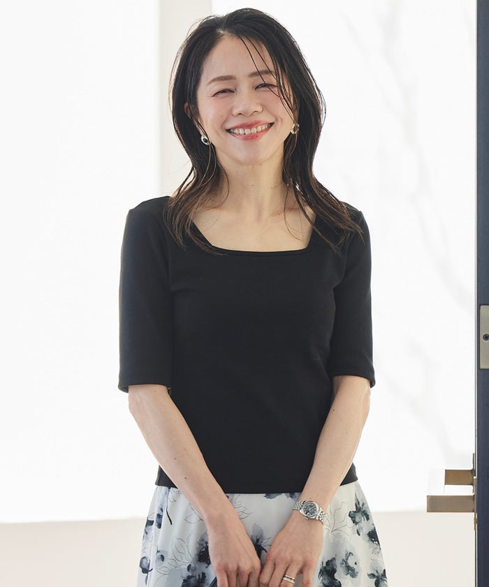 UVカット スクエアネック カットソー 接触冷感 透湿 綿100 半袖 ホワイト ブラック ボーダー 通勤 きれいめ 涼しい 春 夏 UVカット スクエアネック トップス ＆BLOOM（アンドブルーム）