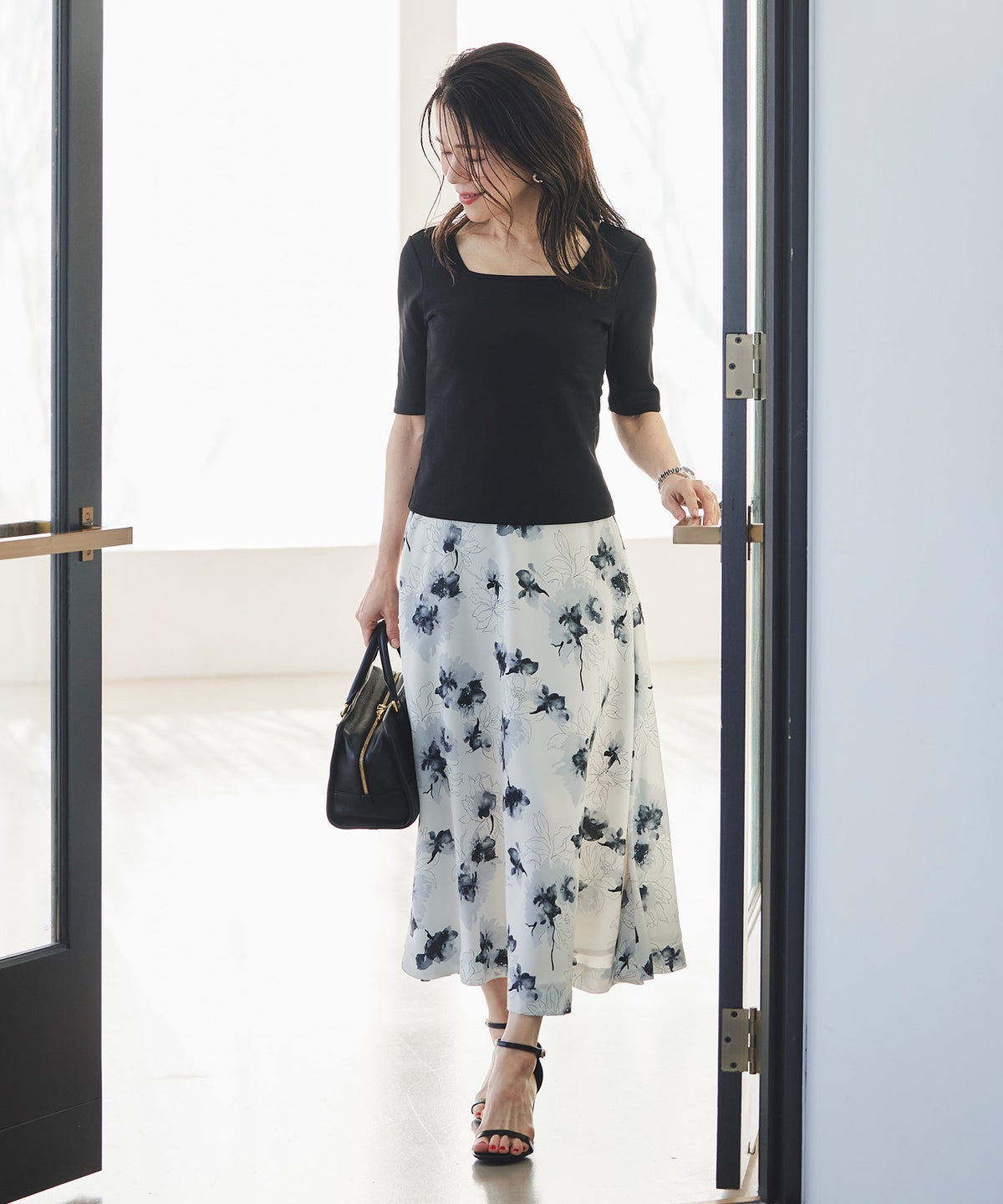 UVカット スクエアネック カットソー 接触冷感 透湿 綿100 半袖 ホワイト ブラック ボーダー 通勤 きれいめ 涼しい 春 夏 UVカット スクエアネック トップス ＆BLOOM（アンドブルーム）