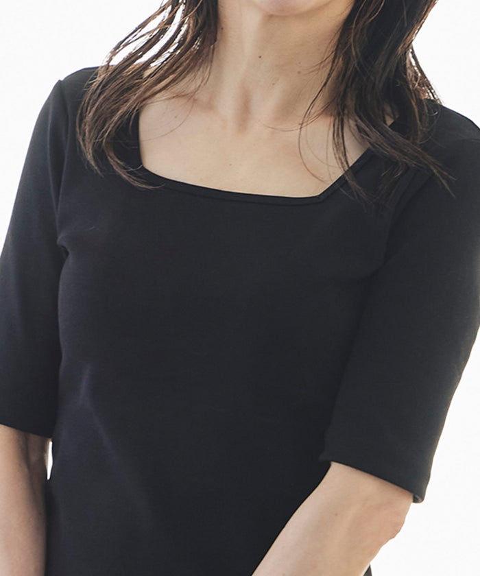 UVカット スクエアネック カットソー 接触冷感 透湿 綿100 半袖 ホワイト ブラック ボーダー 通勤 きれいめ 涼しい 春 夏 UVカット スクエアネック トップス ＆BLOOM（アンドブルーム）