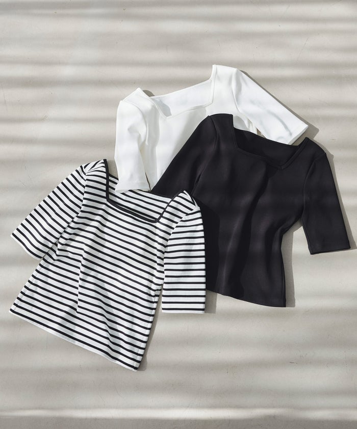 UVカット スクエアネック カットソー 接触冷感 透湿 綿100 半袖 ホワイト ブラック ボーダー 通勤 きれいめ 涼しい 春 夏 UVカット スクエアネック トップス ＆BLOOM（アンドブルーム）