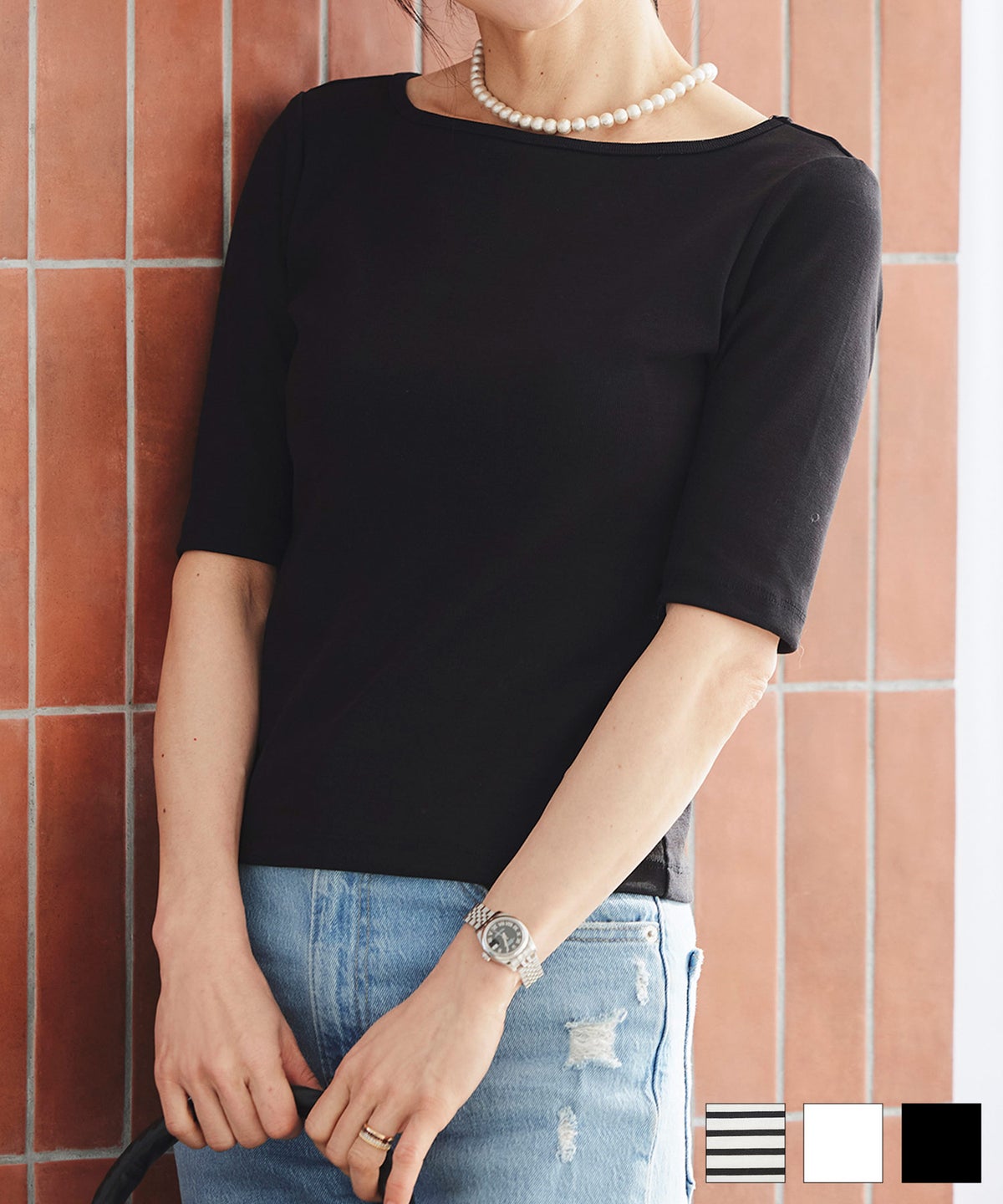 UVカット ボートネック カットソー 接触冷感 透湿 綿100 半袖 ホワイト ブラック ボーダー 通勤 きれいめ 涼しい 春 夏 UVカット ボートネック トップス ＆BLOOM（アンドブルーム）