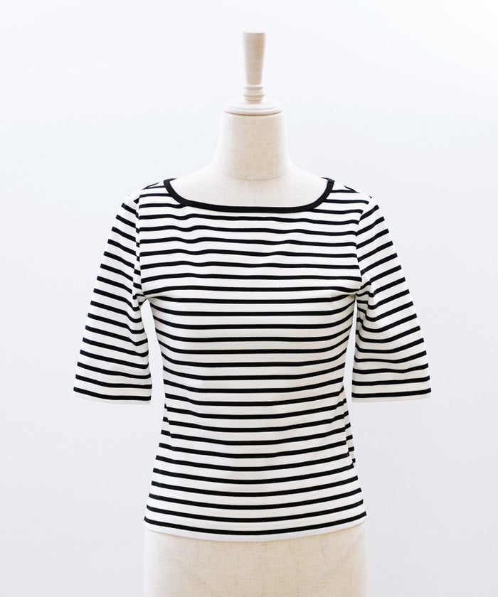 UVカット ボートネック カットソー 接触冷感 透湿 綿100 半袖 ホワイト ブラック ボーダー 通勤 きれいめ 涼しい 春 夏 UVカット ボートネック トップス ＆BLOOM（アンドブルーム）