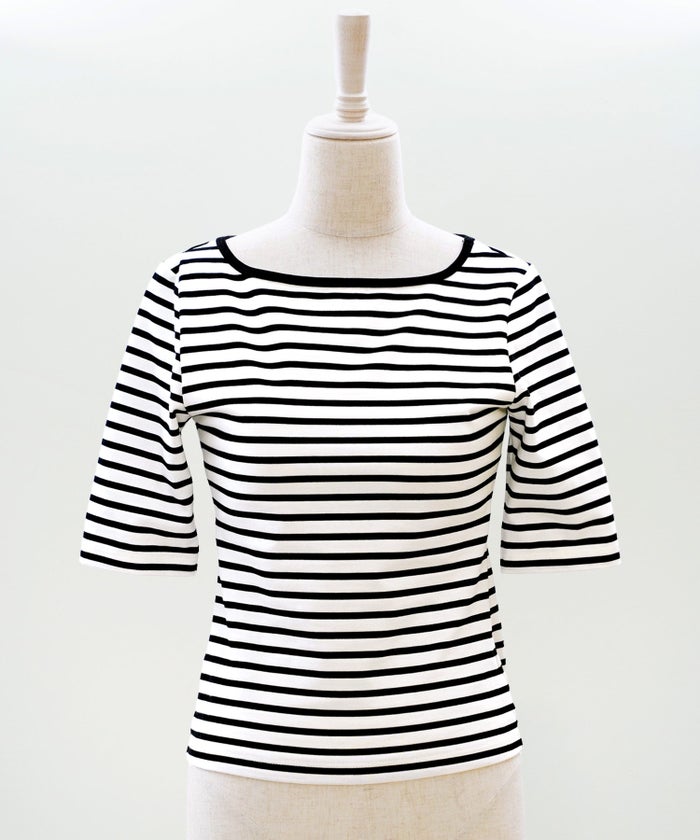 UVカット ボートネック カットソー 接触冷感 透湿 綿100 半袖 ホワイト ブラック ボーダー 通勤 きれいめ 涼しい 春 夏 UVカット ボートネック トップス ＆BLOOM（アンドブルーム）