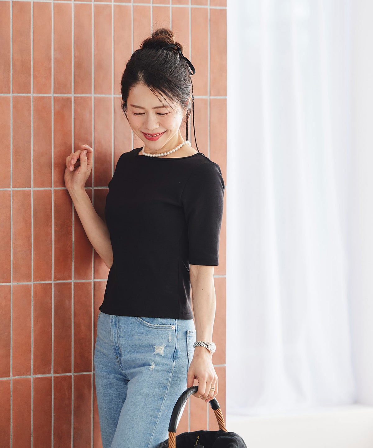 UVカット ボートネック カットソー 接触冷感 透湿 綿100 半袖 ホワイト ブラック ボーダー 通勤 きれいめ 涼しい 春 夏 UVカット ボートネック トップス ＆BLOOM（アンドブルーム）