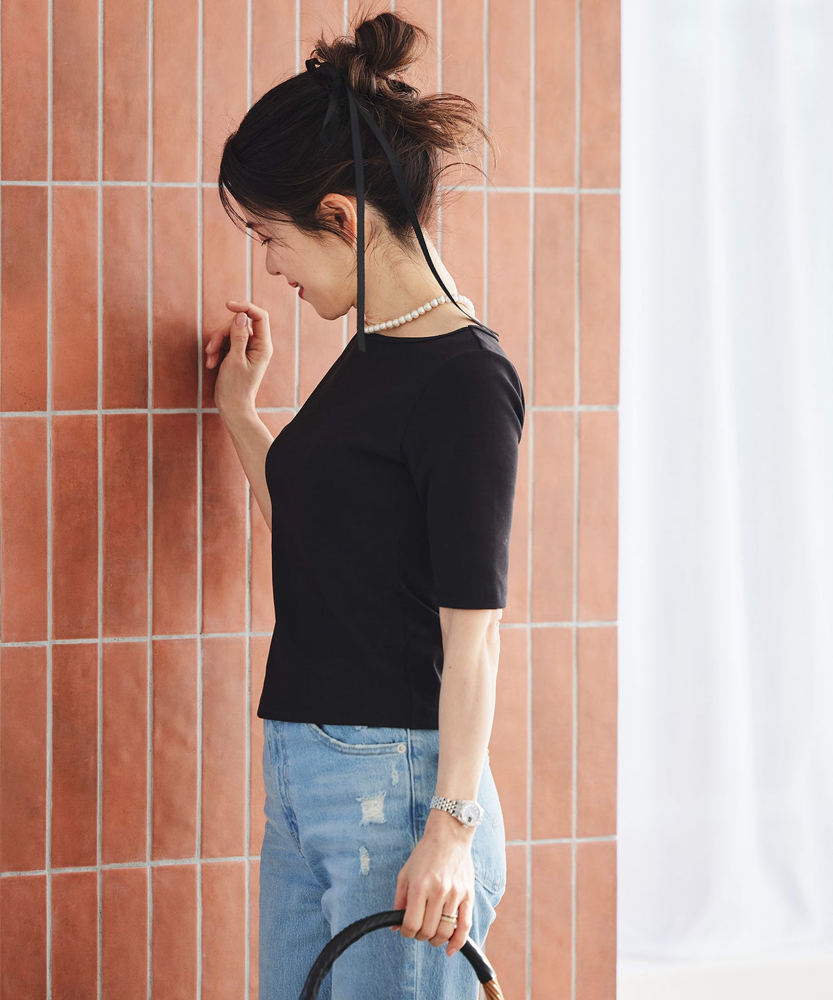 UVカット ボートネック カットソー 接触冷感 透湿 綿100 半袖 ホワイト ブラック ボーダー 通勤 きれいめ 涼しい 春 夏 UVカット ボートネック トップス ＆BLOOM（アンドブルーム）