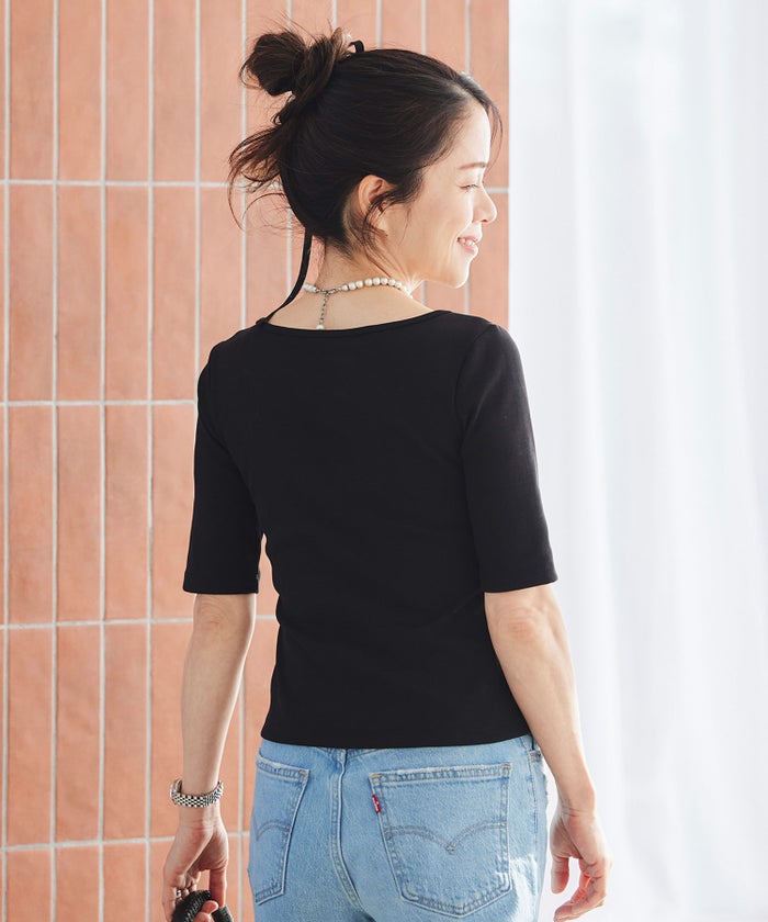 UVカット ボートネック カットソー 接触冷感 透湿 綿100 半袖 ホワイト ブラック ボーダー 通勤 きれいめ 涼しい 春 夏 UVカット ボートネック トップス ＆BLOOM（アンドブルーム）