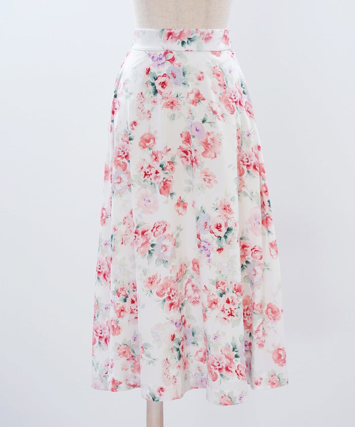 花柄 スカート ギャザー フレア ミドル丈 通勤 カジュアル フェミニン 大人かわいい 上品 モノトーン ピンク ジョイントスペース