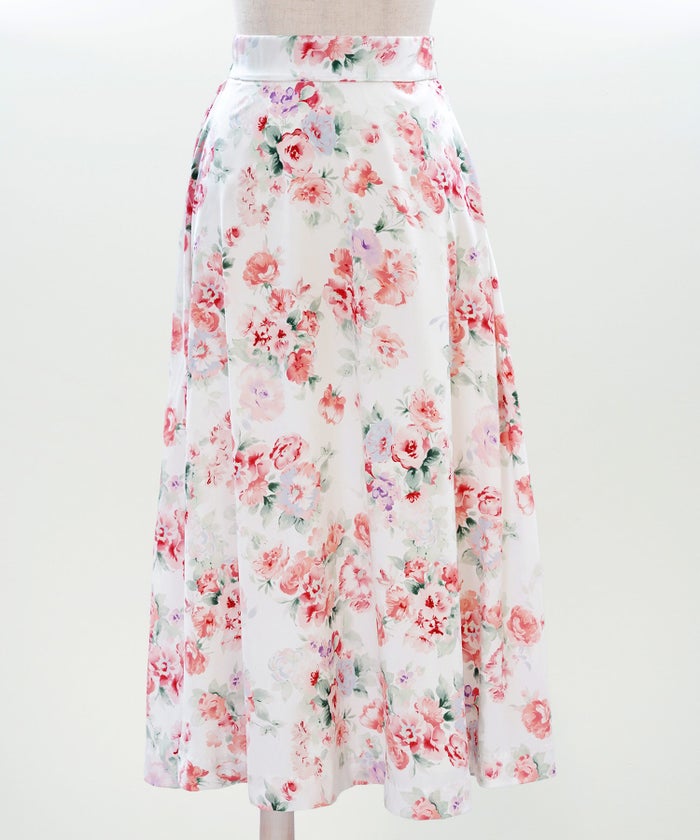 花柄 スカート ギャザー フレア ミドル丈 通勤 カジュアル フェミニン 大人かわいい 上品 モノトーン ピンク ジョイントスペース