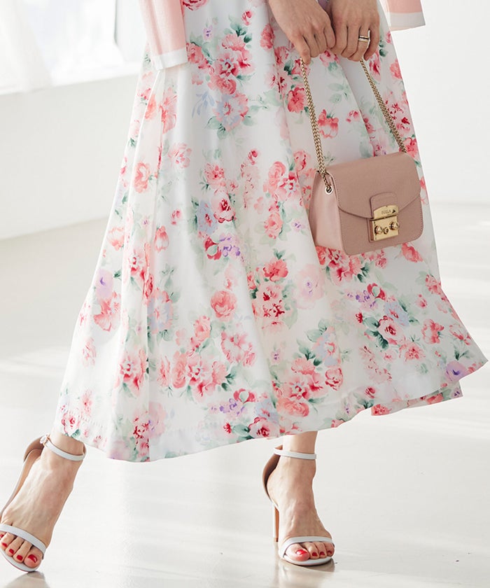 花柄 スカート ギャザー フレア ミドル丈 通勤 カジュアル フェミニン 大人かわいい 上品 モノトーン ピンク ジョイントスペース