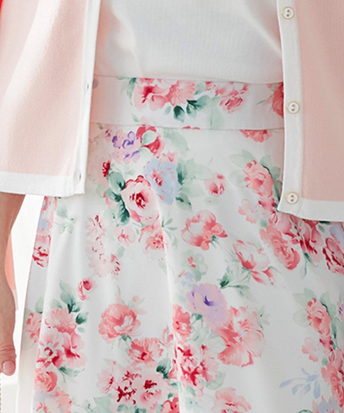花柄 スカート ギャザー フレア ミドル丈 通勤 カジュアル フェミニン 大人かわいい 上品 モノトーン ピンク ジョイントスペース
