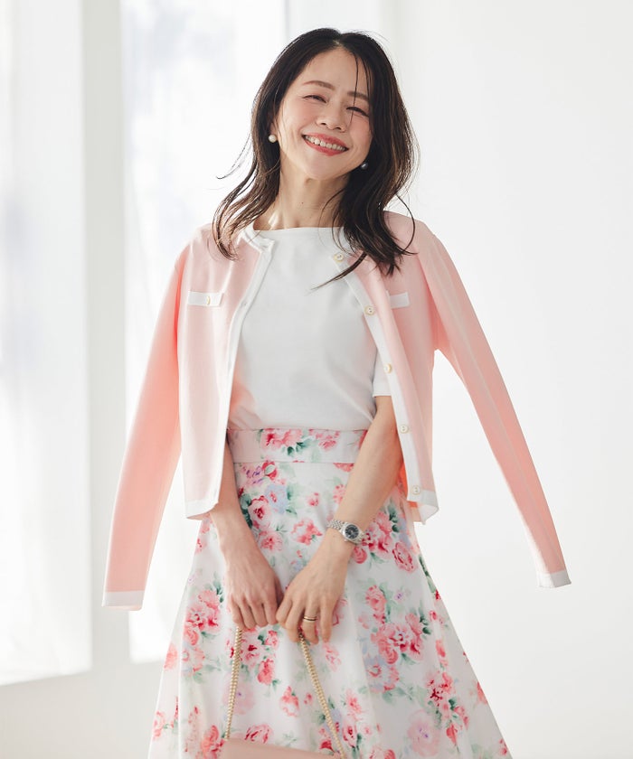 花柄 スカート ギャザー フレア ミドル丈 通勤 カジュアル フェミニン 大人かわいい 上品 モノトーン ピンク ジョイントスペース