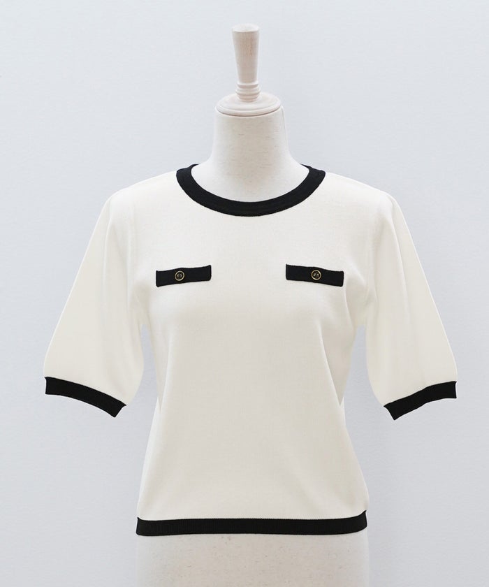 半袖ニット 配色トリム 金縁ボタン 薄手 春夏秋 レディース アンサンブル コンパクト丈 クルーネック 飾りポケット ホワイト