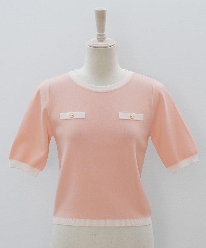 半袖ニット 配色トリム 金縁ボタン 薄手 春夏秋 レディース アンサンブル コンパクト丈 クルーネック 飾りポケット ピンク