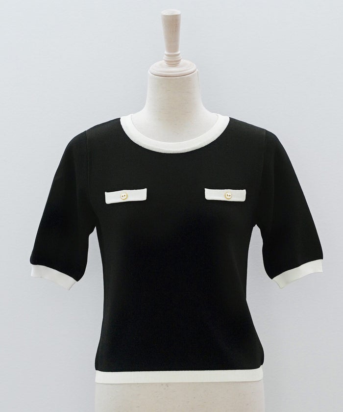 半袖ニット 配色トリム 金縁ボタン 薄手 春夏秋 レディース アンサンブル コンパクト丈 クルーネック 飾りポケットブラック ホワイト ピンク