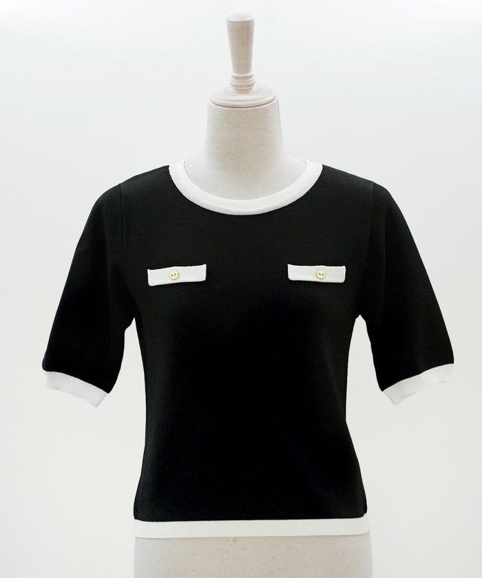 半袖ニット 配色トリム 金縁ボタン 薄手 春夏秋 レディース アンサンブル コンパクト丈 クルーネック 飾りポケットブラック ホワイト ピンク