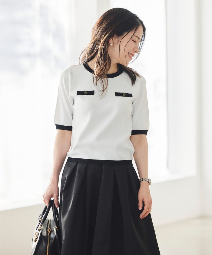 半袖ニット 配色トリム 金縁ボタン 薄手 春夏秋 レディース アンサンブル コンパクト丈 クルーネック 飾りポケット ホワイト