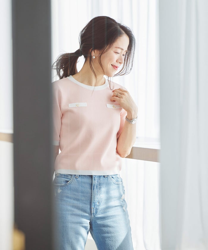 半袖ニット 配色トリム 金縁ボタン 薄手 春夏秋 レディース アンサンブル コンパクト丈 クルーネック 飾りポケット ピンク