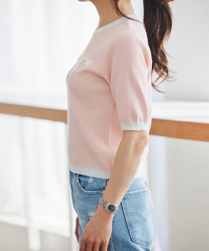 半袖ニット 配色トリム 金縁ボタン 薄手 春夏秋 レディース アンサンブル コンパクト丈 クルーネック 飾りポケット ピンク