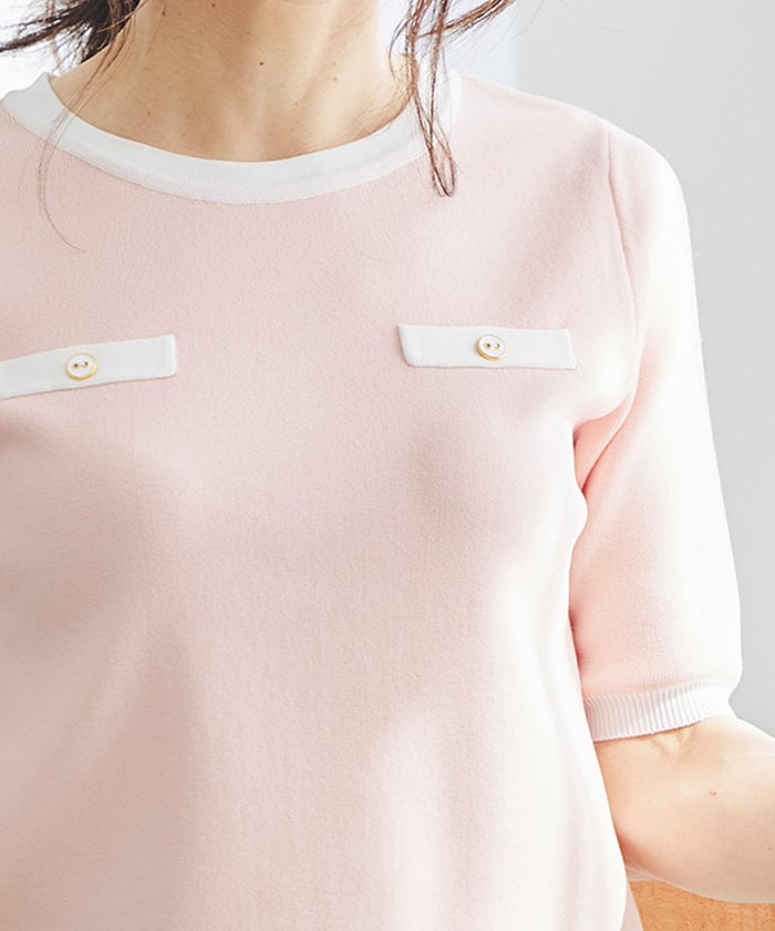 半袖ニット 配色トリム 金縁ボタン 薄手 春夏秋 レディース アンサンブル コンパクト丈 クルーネック 飾りポケット ピンク