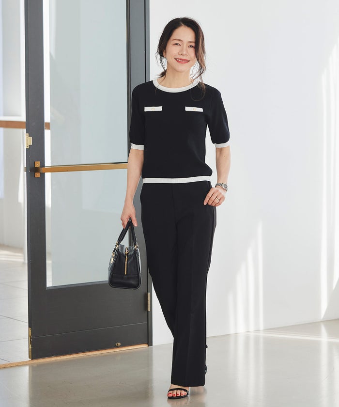 半袖ニット 配色トリム 金縁ボタン 薄手 春夏秋 レディース アンサンブル コンパクト丈 クルーネック 飾りポケットブラック ホワイト ピンク