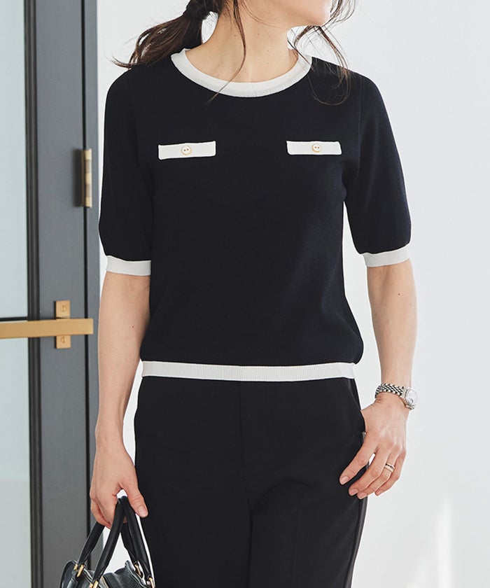 半袖ニット 配色トリム 金縁ボタン 薄手 春夏秋 レディース アンサンブル コンパクト丈 クルーネック 飾りポケットブラック ホワイト ピンク