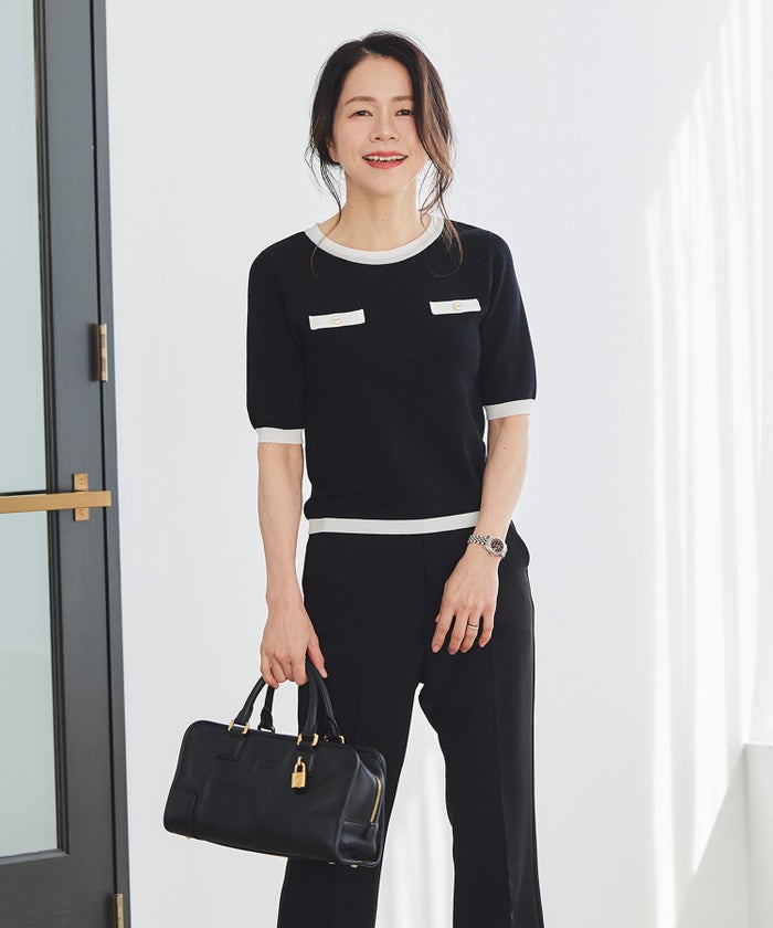 半袖ニット 配色トリム 金縁ボタン 薄手 春夏秋 レディース アンサンブル コンパクト丈 クルーネック 飾りポケットブラック ホワイト ピンク