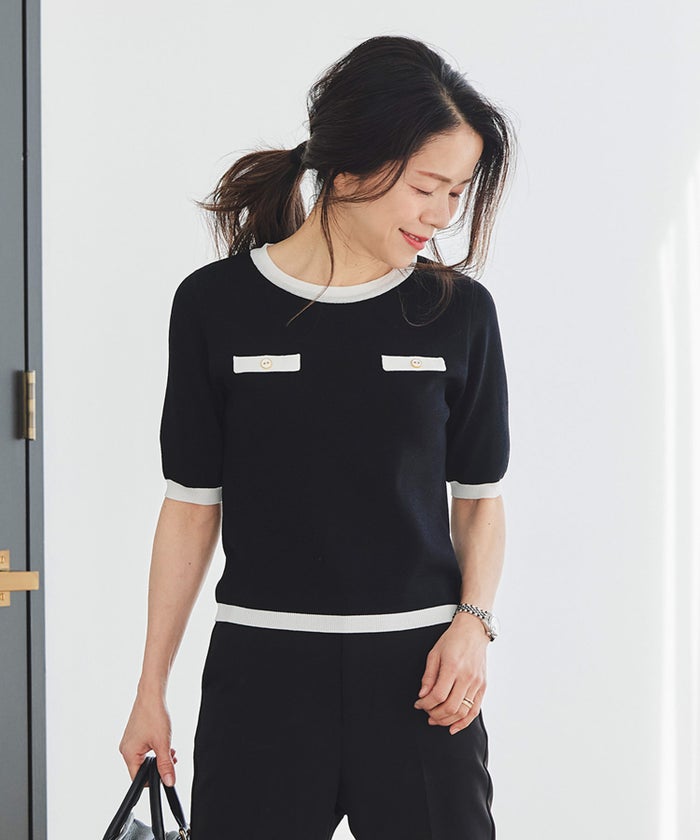 半袖ニット 配色トリム 金縁ボタン 薄手 春夏秋 レディース アンサンブル コンパクト丈 クルーネック 飾りポケットブラック ホワイト ピンク