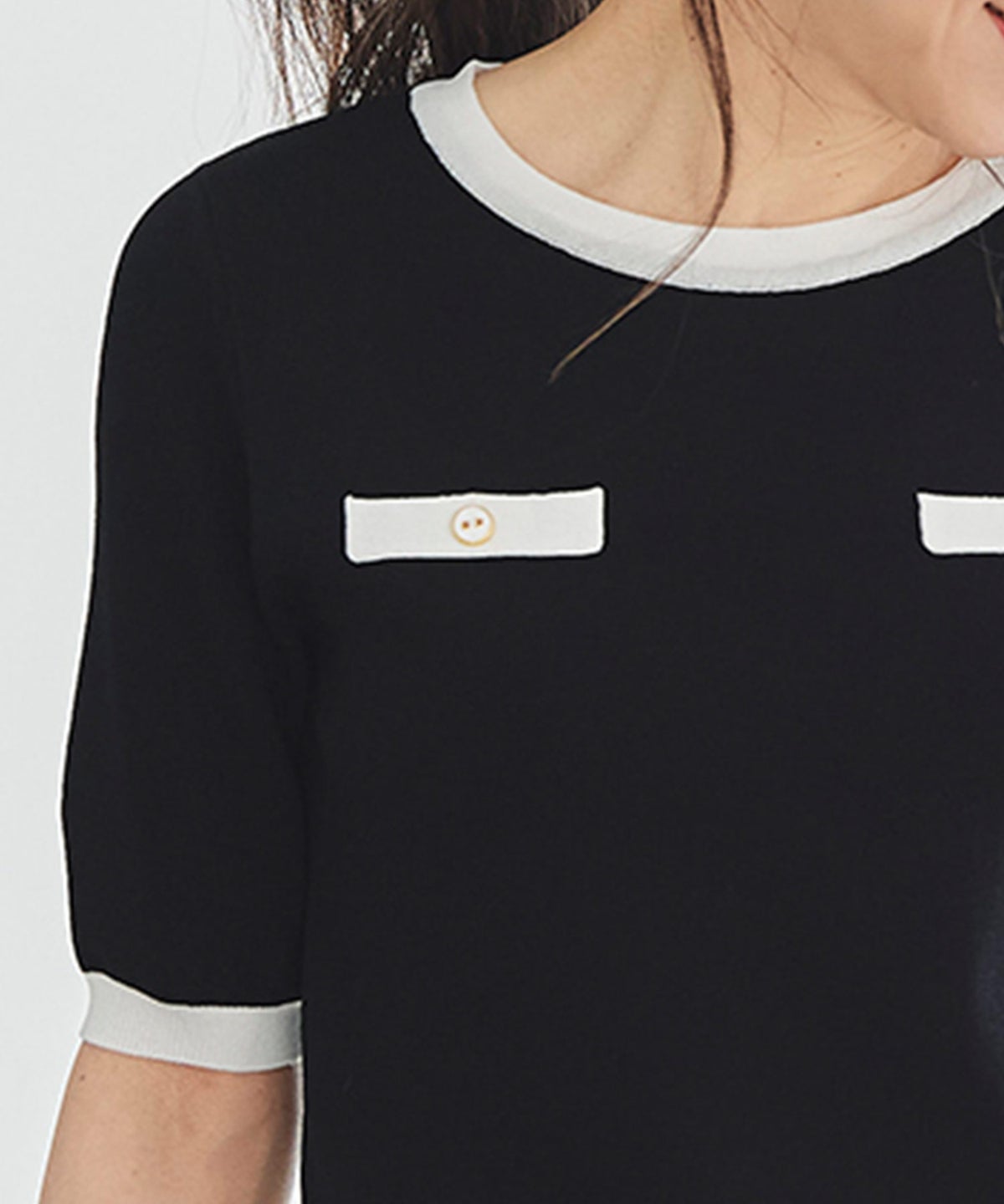 半袖ニット 配色トリム 金縁ボタン 薄手 春夏秋 レディース アンサンブル コンパクト丈 クルーネック 飾りポケットブラック ホワイト ピンク