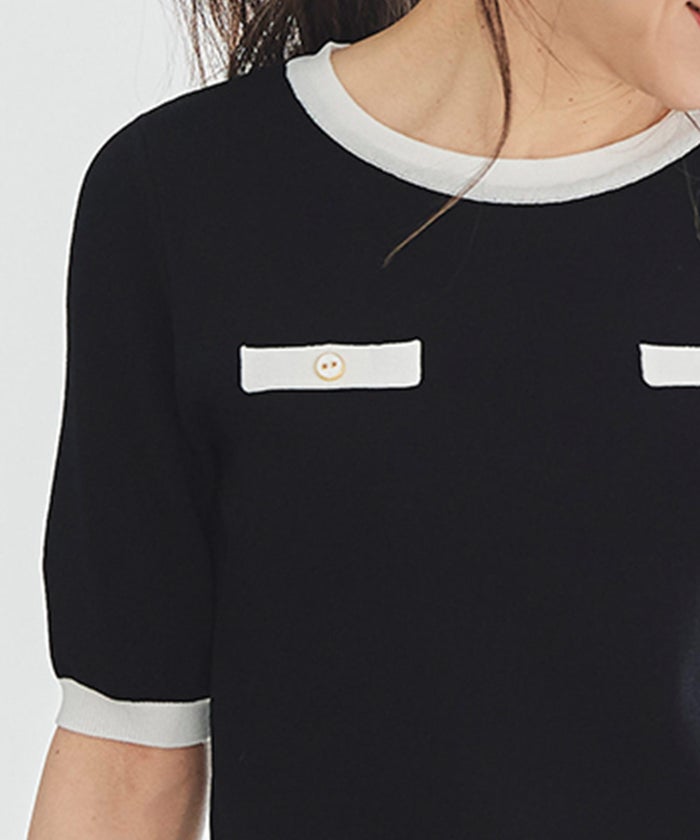 半袖ニット 配色トリム 金縁ボタン 薄手 春夏秋 レディース アンサンブル コンパクト丈 クルーネック 飾りポケットブラック ホワイト ピンク