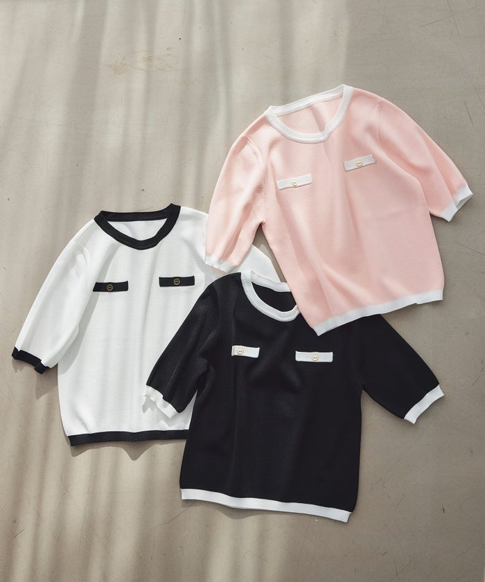 半袖ニット 配色トリム 金縁ボタン 薄手 春夏秋 レディース アンサンブル コンパクト丈 クルーネック 飾りポケットブラック ホワイト ピンク