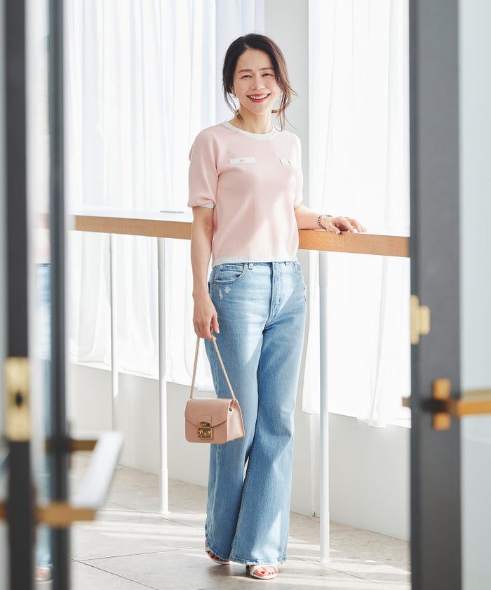 半袖ニット 配色トリム 金縁ボタン 薄手 春夏秋 レディース アンサンブル コンパクト丈 クルーネック 飾りポケット ピンク