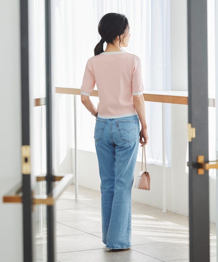 半袖ニット 配色トリム 金縁ボタン 薄手 春夏秋 レディース アンサンブル コンパクト丈 クルーネック 飾りポケット ピンク