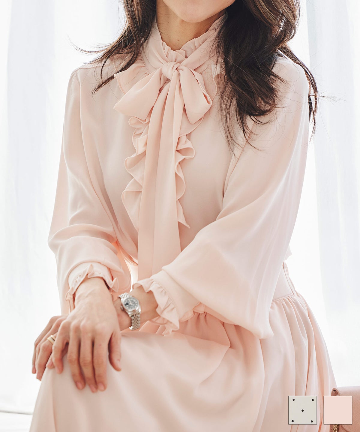 ブラウス リボン フリル ボウタイ 通勤 働く女性 アフタヌーンティー フェミニン 大人かわいい 上品 ドット柄  リボンタイ フリル ネック ブラウス ＆BLOOM（アンドブルーム）