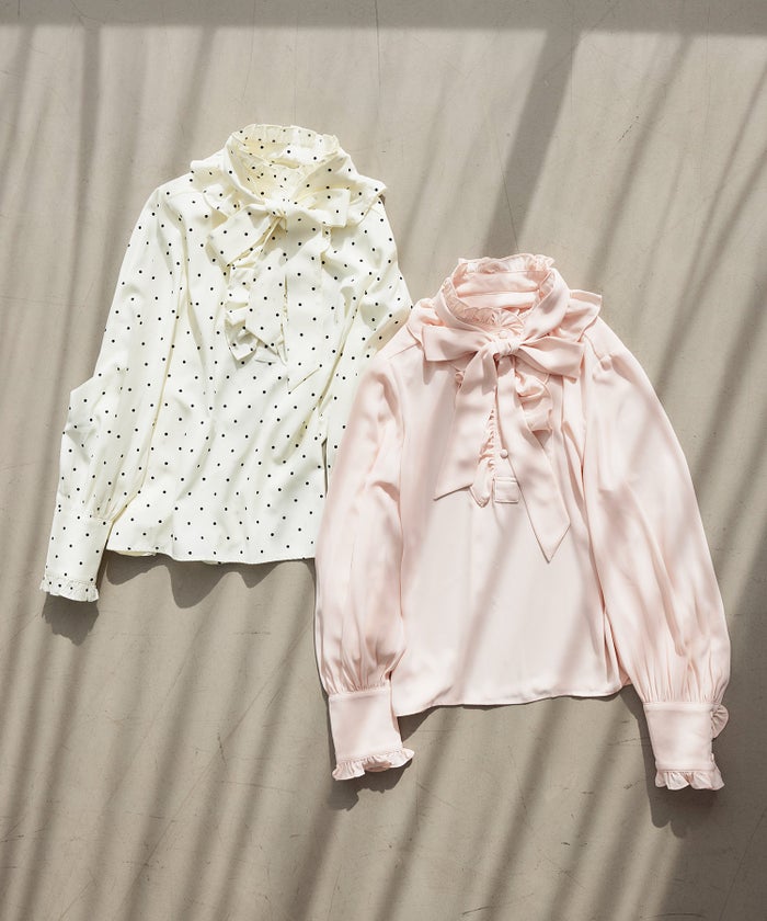 ブラウス リボン フリル ボウタイ 通勤 働く女性 アフタヌーンティー フェミニン 大人かわいい 上品 ドット柄 ピンク