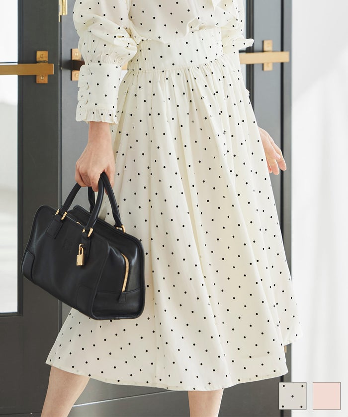 セットアップ 通勤 働く女性 アフタヌーンティー フェミニン 大人かわいい 上品 ドット柄 ギャザー フレア スカート ＆BLOOM（アンドブルーム） スカート ギャザー フレア セットアップ 通勤 働く女性 アフタヌーンティー フェミニン 大人かわいい 上品 ドット柄 ギャザー フレア スカート ＆BLOOM（アンドブルーム）