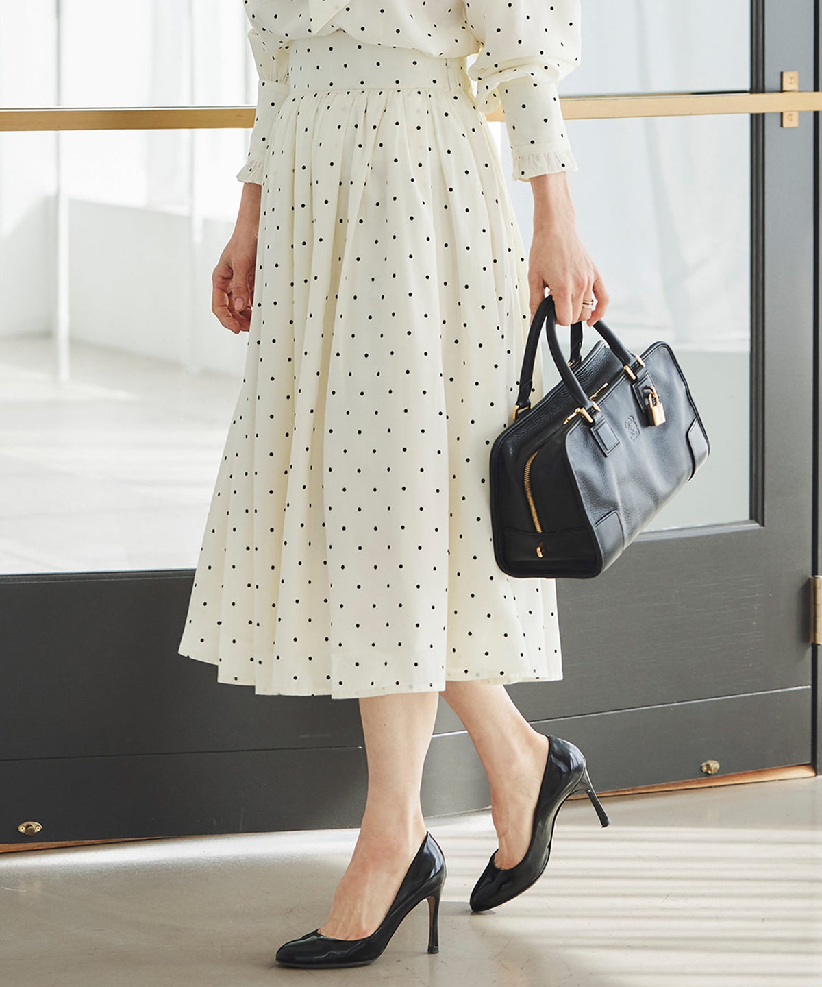 スカート ギャザー フレア セットアップ 通勤 働く女性 アフタヌーンティー フェミニン 大人かわいい 上品 ドット柄 ギャザー フレア スカート ＆BLOOM（アンドブルーム）